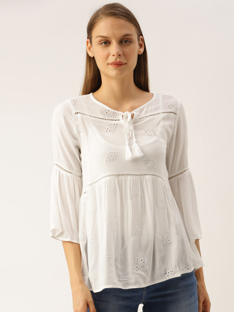 

Lee Cooper Women White Schiffli Design Bell Sleeve A-line Top