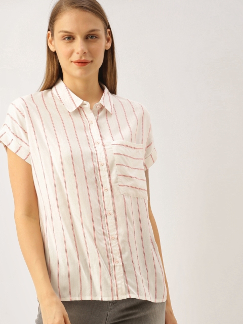 

Lee Cooper Women White & Red Regular Fit Striped Casual Shirt