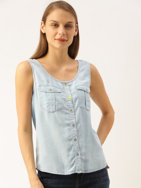 

Lee Cooper Women Blue Solid Denim Top with Flap Pockets