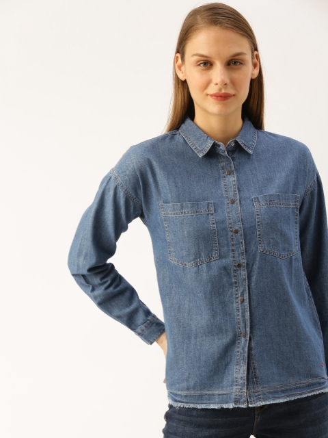 

Lee Cooper Women Blue Regular Fit Solid Casual Chambray Shirt
