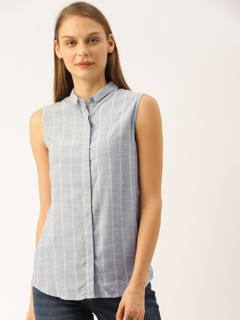 

Lee Cooper Women Blue & White Regular Fit Striped Casual Shirt