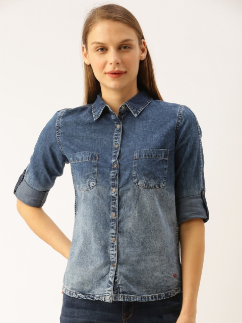 

Lee Cooper Women Blue Regular Fit Faded Casual Denim Shirt