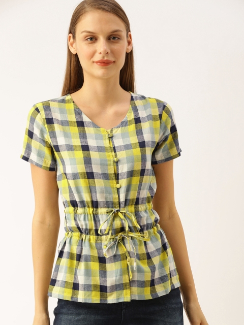 

Lee Cooper Women Yellow & Blue Checked Waist Tie-Up A-Line Top