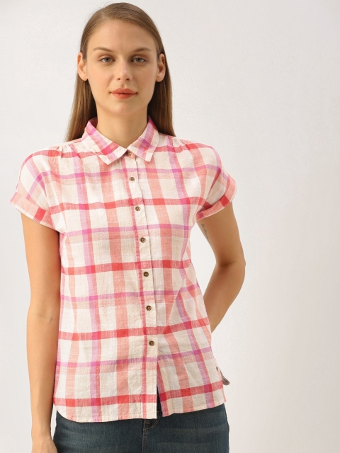 

Lee Cooper Women White & Peach-Coloured Regular Fit Checked Casual Shirt