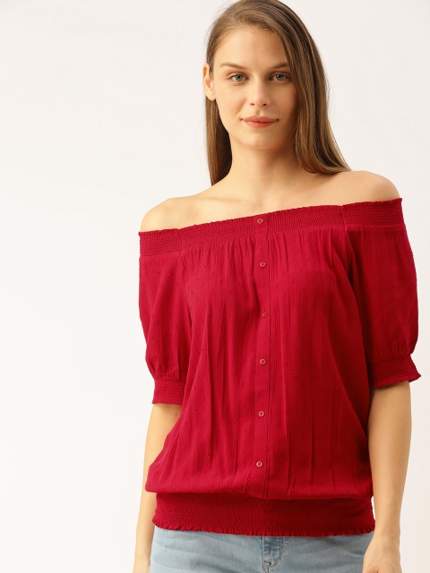 

Lee Cooper Women Red Self Design Off-Shoulder Smocked Bardot Top