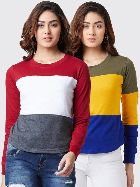 

The Dry State Women Pack of 2 Colourblocked Round Neck T-shirts, Multi