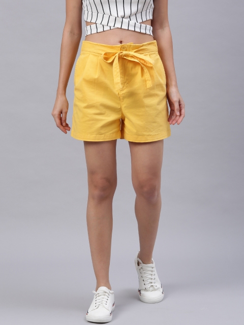 

HERE&NOW Women Mustard Yellow Solid Regular Fit Regular Shorts With Waist Tie-Up