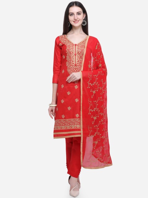 

Ethnic Junction Red & Gold-Toned Cotton Blend Unstitched Dress Material