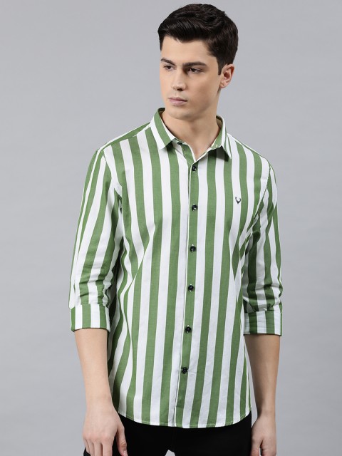 

Allen Solly Sport Men Olive Green & White Super Slim Fit Striped Casual Shirt