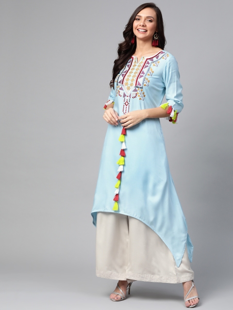 

HERE&NOW Women Blue & Grey Embroidered Asymmetrical Kurta with Palazzos