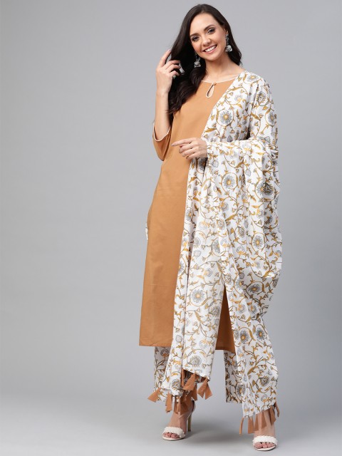 

HERE&NOW Women Brown & Off-White Solid Kurta with Palazzos & Dupatta