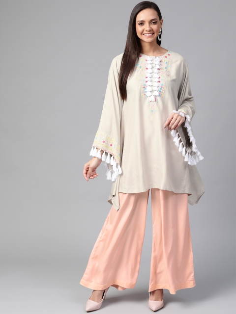 

HERE&NOW Women Taupe & Peach-Coloured Embroidered Yoke Design Kurta with Palazzos