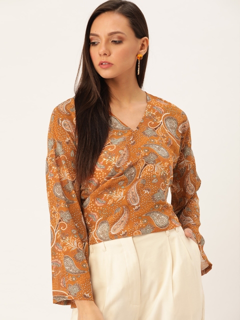

Moda Rapido Women Rust Orange & Off White Printed Crop Wrap Top