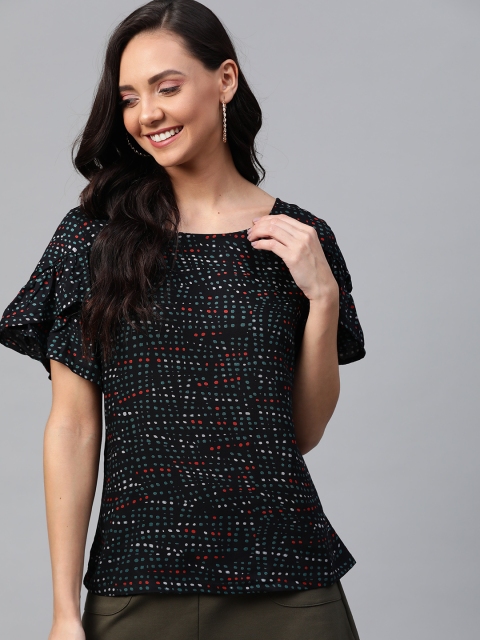

HERE&NOW Women Black & Green Printed Top
