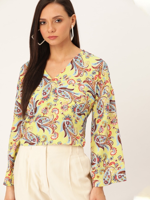 

Moda Rapido Women Yellow & Blue Printed Crop Wrap Top