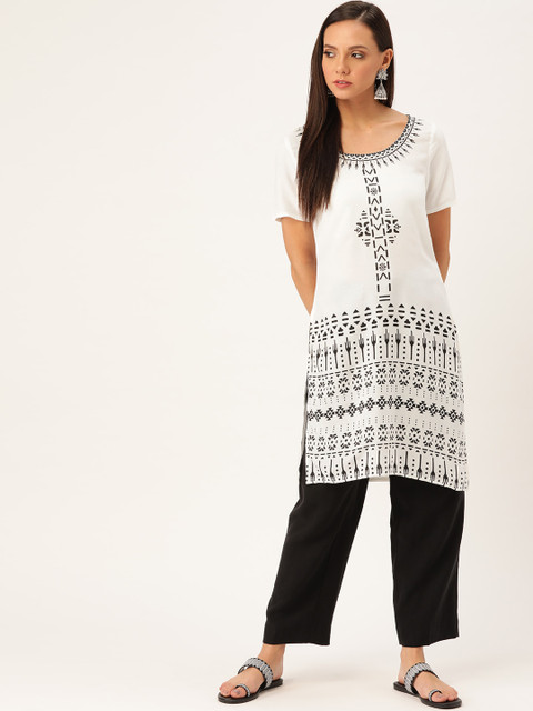 

Moda Rapido Women White & Black Printed Straight Kurta
