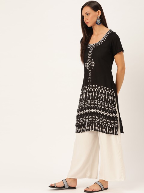 

Moda Rapido Women Black & White Printed Straight Kurta