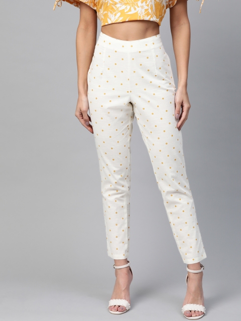 

HERE&NOW Women Cream-Coloured & Mustard Yellow Regular Fit Printed Cropped Trousers