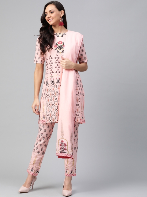 

HERE&NOW Women Peach-Coloured & Black Printed Kurta with Trousers & Dupatta