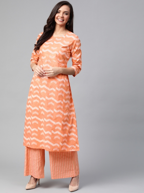 

HERE&NOW Women Peach-Coloured & Golden Printed Kurta with Palazzos