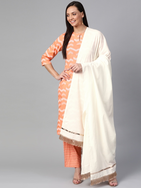 

HERE&NOW Women Peach-Coloured & Golden Printed Kurta with Trousers & Dupatta