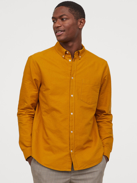 

H&M Men Mustard Yellow Solid Oxford Shirt Regular Fit