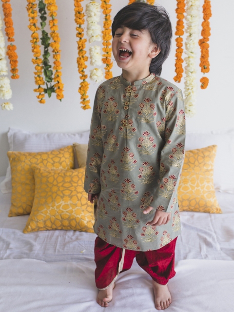 

Tiber Taber Boys Grey & Red Printed Kurta with Dhoti Pants