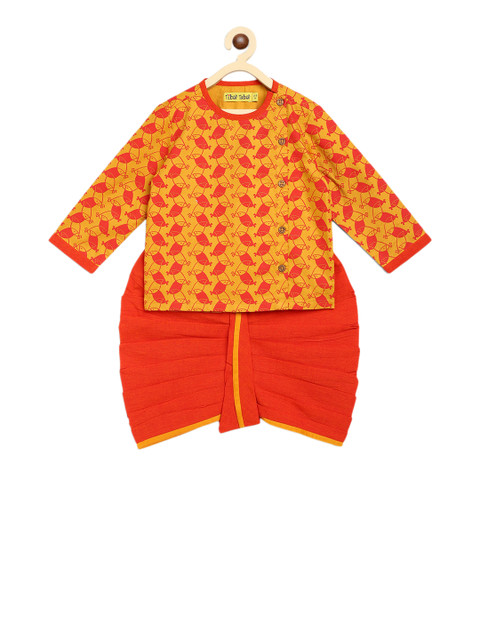 

Tiber Taber Boys Yellow Printed Kurta with Dhoti Pants