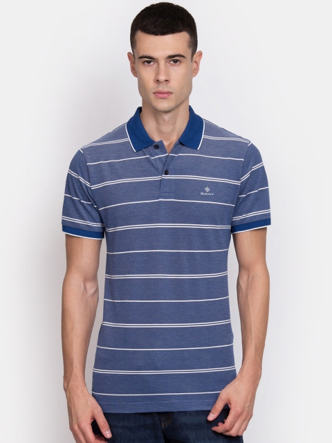 

GANT Men Blue & White Striped Polo Collar T-shirt