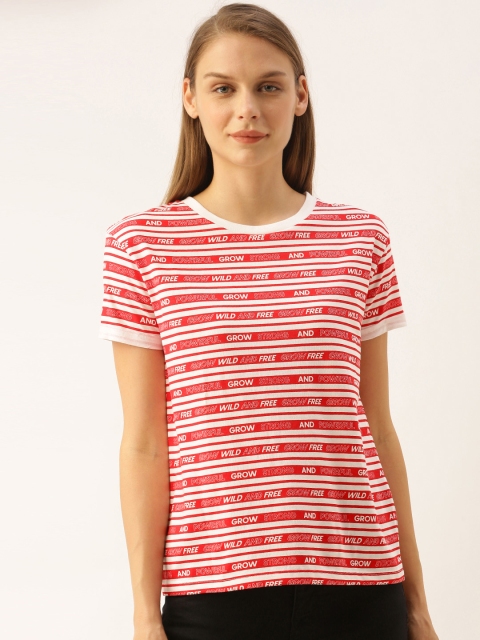

Lee Cooper Women Red White Striped Round Neck Pure Cotton T-shirt