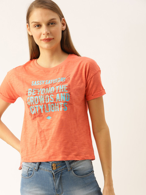 

Lee Cooper Women Orange Printed Round Neck Pure Cotton T-shirt