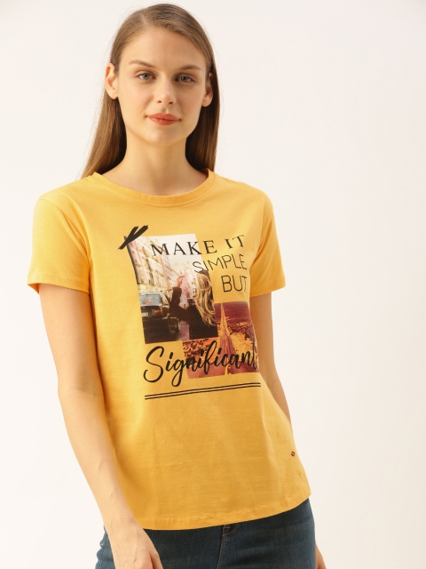 

Lee Cooper Women Mustard Yellow Printed Round Neck Pure Cotton T-shirt