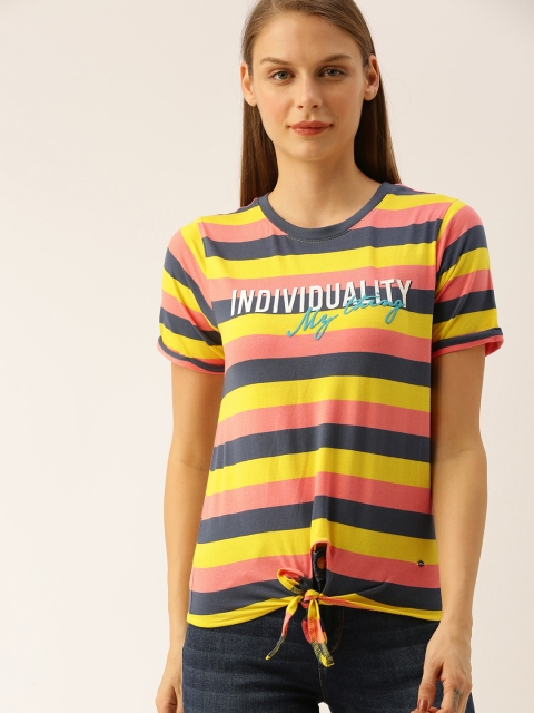 

Lee Cooper Women Navy Blue & Yellow Striped Round Neck T-shirt with Front Knot Detailing