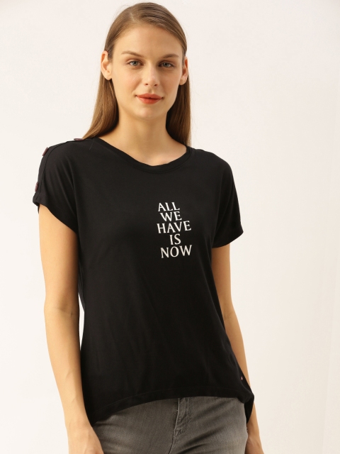 

Lee Cooper Women Black Printed Round Neck T-shirt with Button Detailing