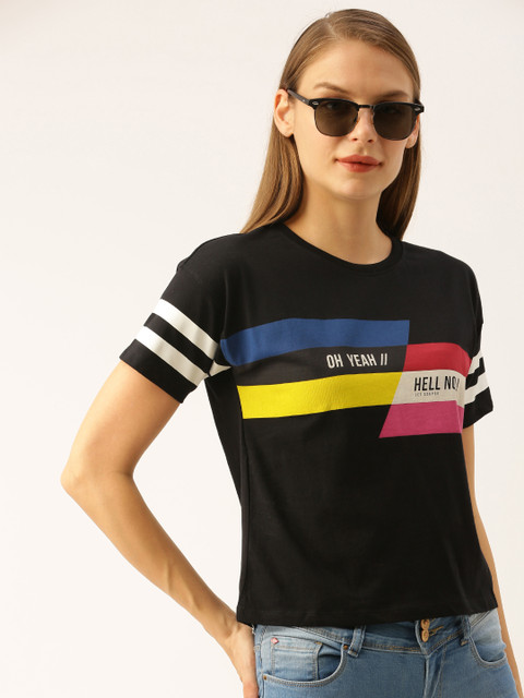 

Lee Cooper Women Black Printed Round Neck Pure Cotton T-shirt
