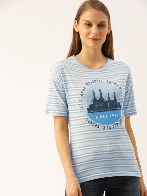 

Lee Cooper Women Blue White Printed Round Neck Pure Cotton T-shirt