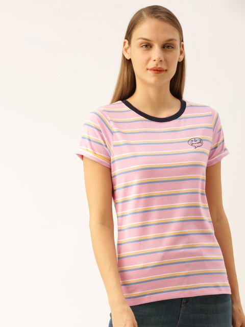

Lee Cooper Women Pink & Blue Striped Round Neck T-shirt