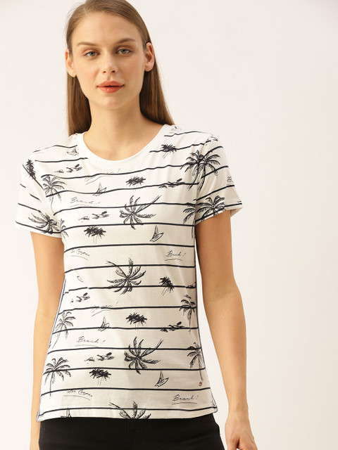 

Lee Cooper Women Off-White & Black Printed Round Neck T-shirt with Side Tape Detailing