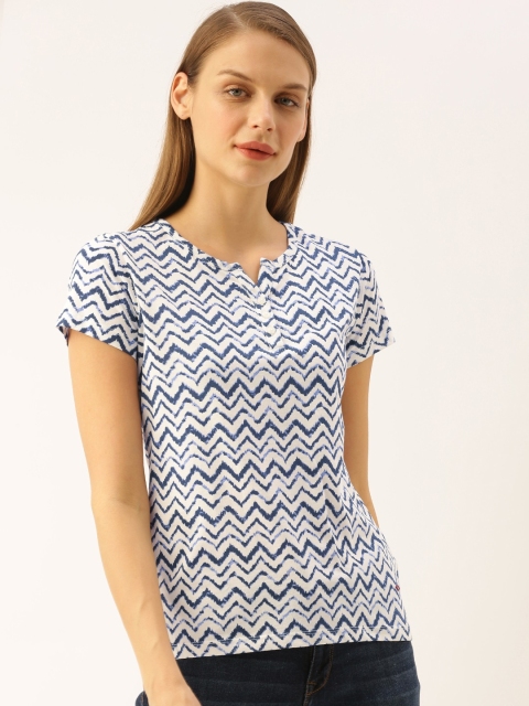 

Lee Cooper Women White Blue Chevron Printed Henley Neck Pure Cotton T-shirt