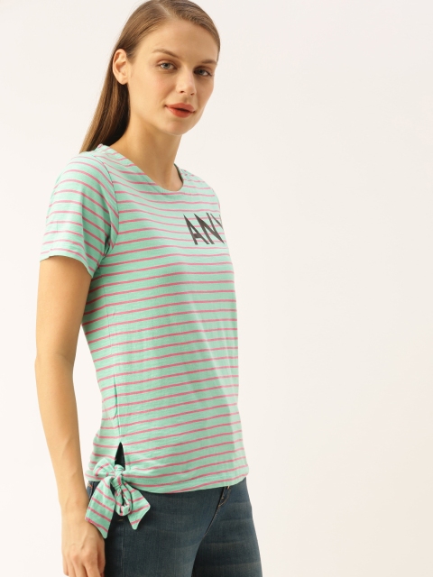 

Lee Cooper Women Sea Green Pink Striped Round Neck Pure Cotton T-shirt with Tie-Up Detail