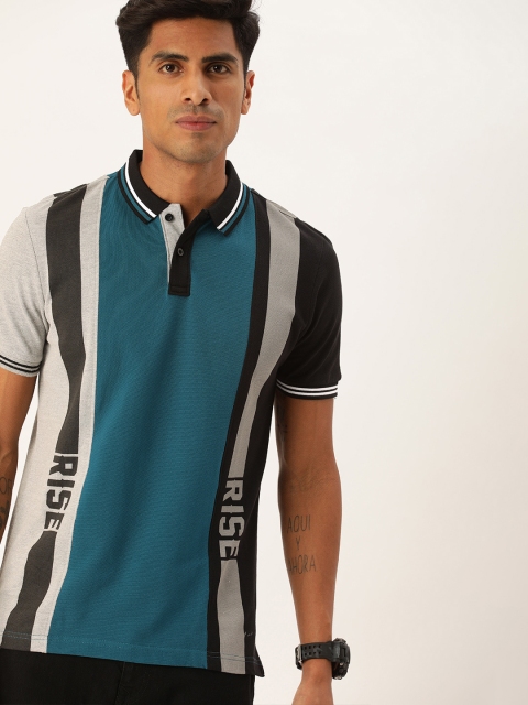 

Moda Rapido Men Teal Blue & Grey Colourblocked Polo Collar T-shirt