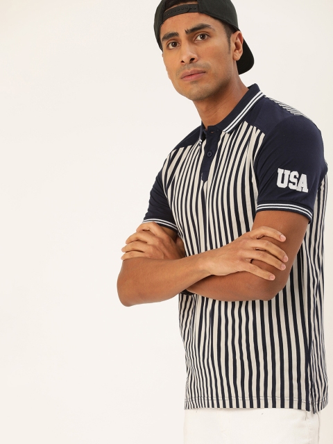 

Moda Rapido Men Navy Blue & Off White Striped Polo Collar T-shirt
