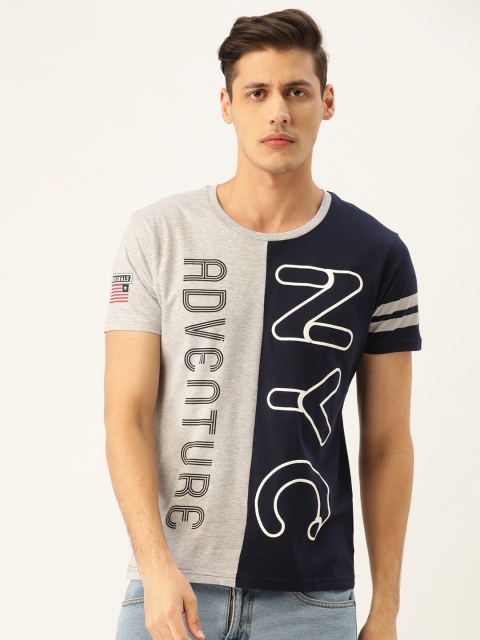 

Moda Rapido Men Grey Melange & Navy Blue Colourblocked Round Neck T-shirt