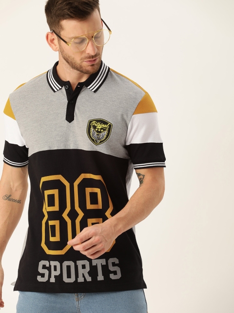 

Moda Rapido Men Black & Mustard Yellow Printed Polo Collar T-shirt
