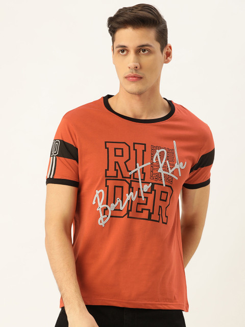 

Moda Rapido Men Rust Orange & Black Printed Round Neck T-shirt
