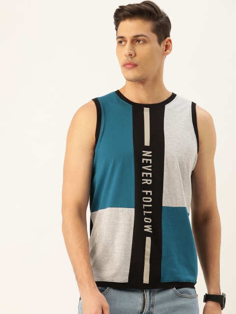 

Moda Rapido Men Grey Melange & Teal Blue Colourblocked Round Neck T-shirt