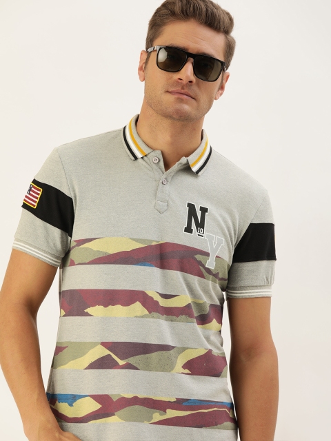 

Moda Rapido Men Grey & Maroon Striped Polo Collar T-shirt