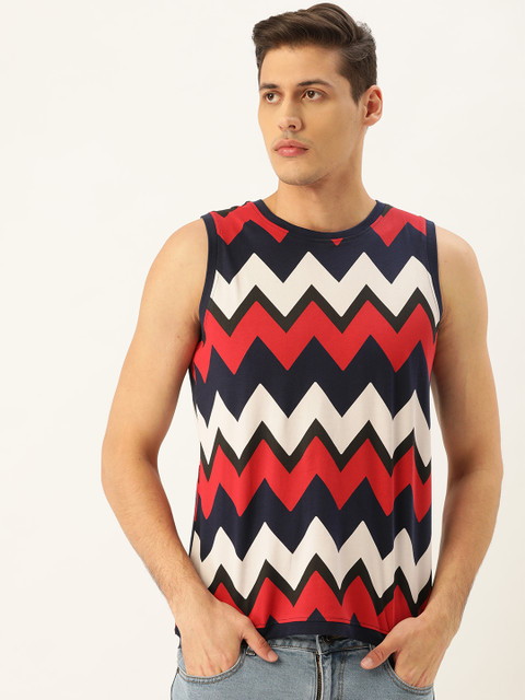 

Moda Rapido Men Navy Blue & Red Chevron Print Round Neck T-shirt