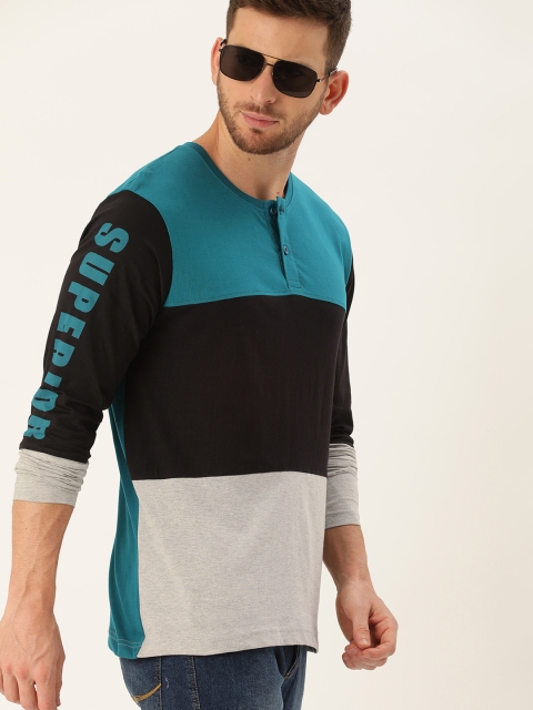

Moda Rapido Men Teal Blue & Black Colourblocked Henley Neck T-shirt
