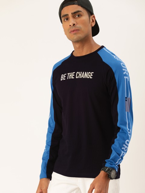 

Moda Rapido Men Black Printed Round Neck T-shirt with Colorblocked Raglan Sleeves